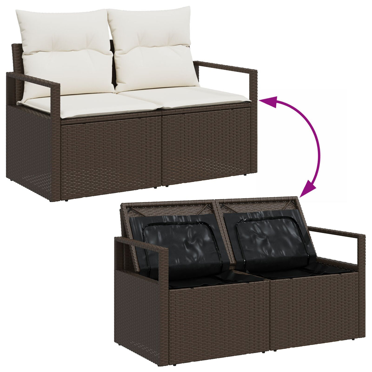 2-Sitzer Garten-Sofa mit Stauraum und Kissen Braun Poly Rattan