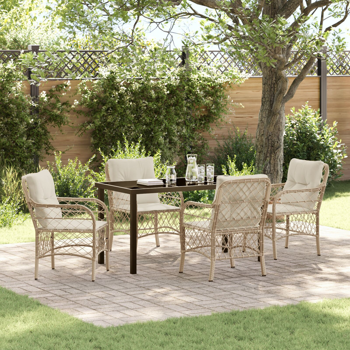 5-teiliges Garten Essgruppe mit Kissen Beige Poly Rattan
