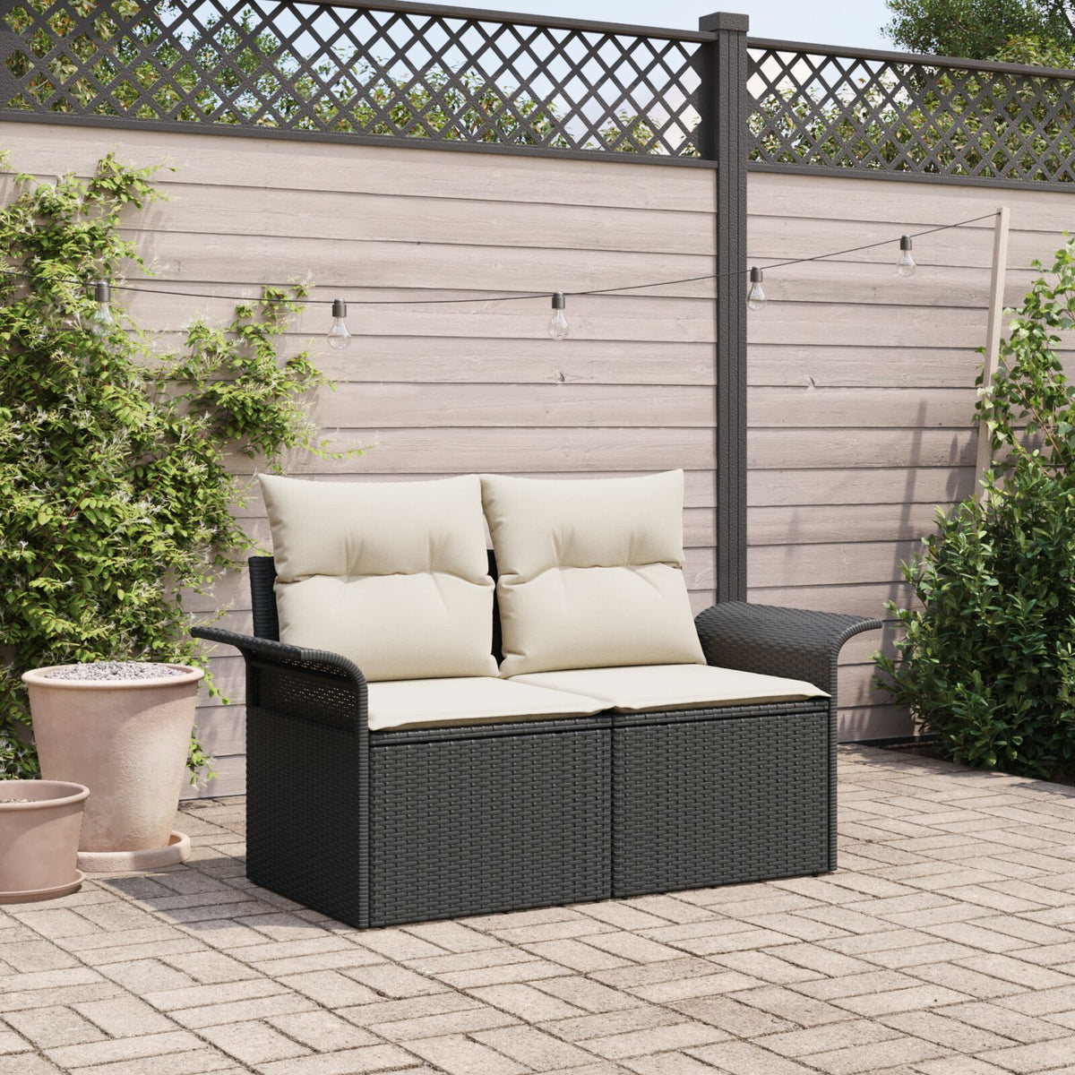 2-Sitzer Garten-Sofa mit Kissen Schwarz Poly-Rattan
