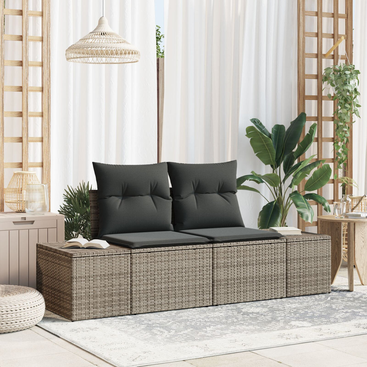 2-Sitzer Garten Sofa mit Stauraum & Kissen Grau Poly Rattan