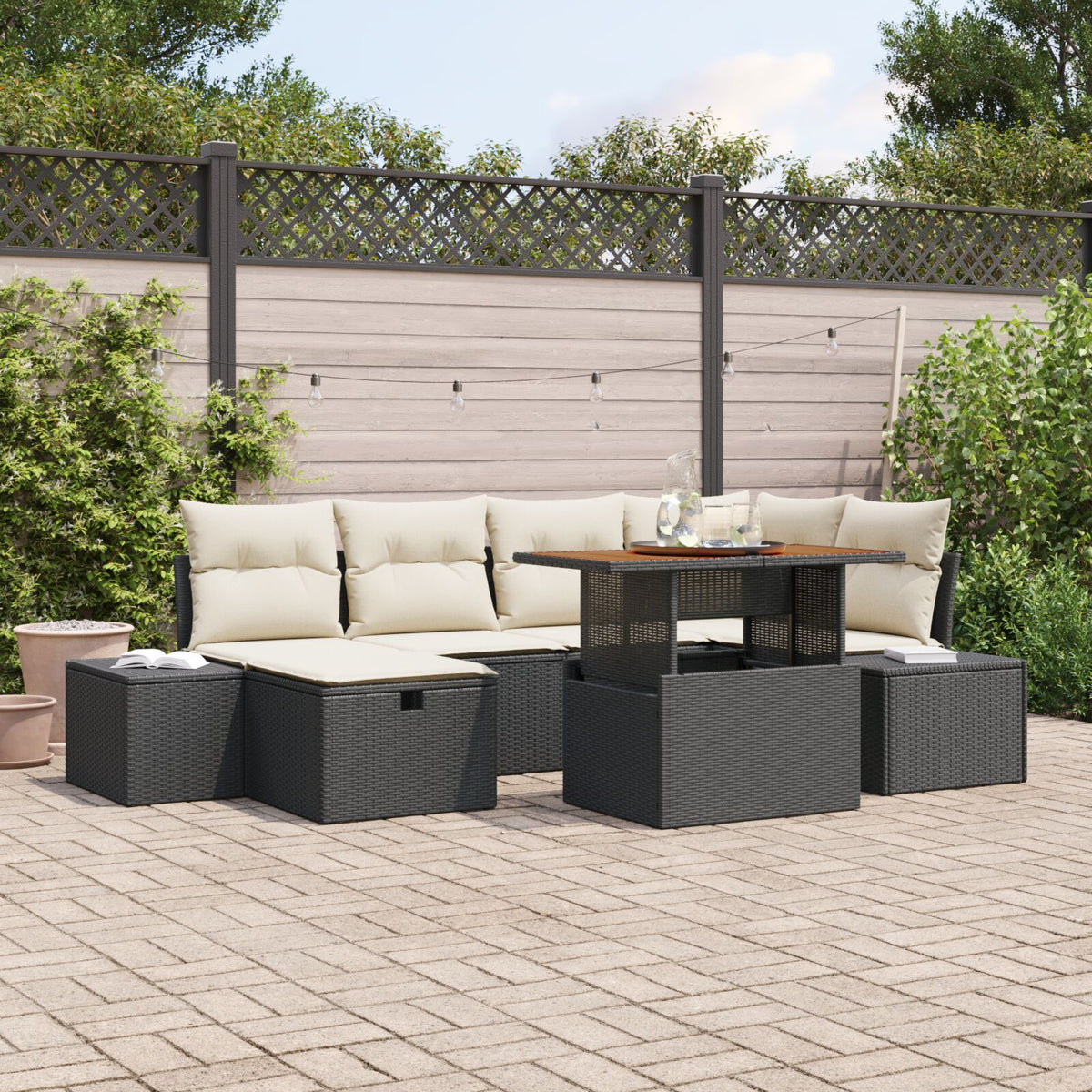 7-teiliges Garten Essgruppe mit Kissen Schwarz Poly Rattan Akazie