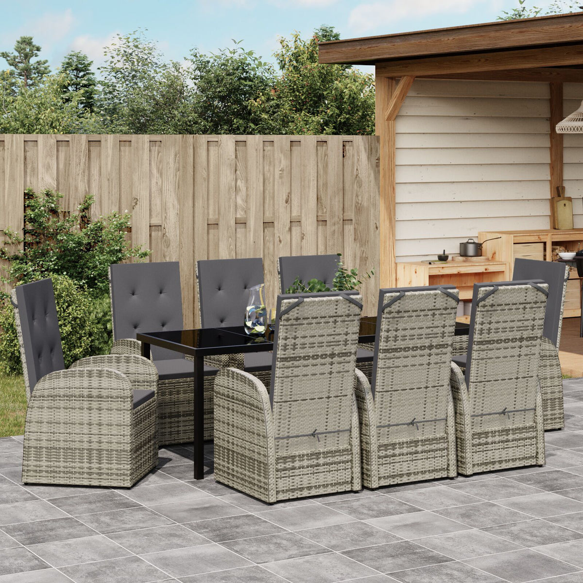 9-teilige Garten-Essgruppe mit Kissen Grau Poly-Rattan