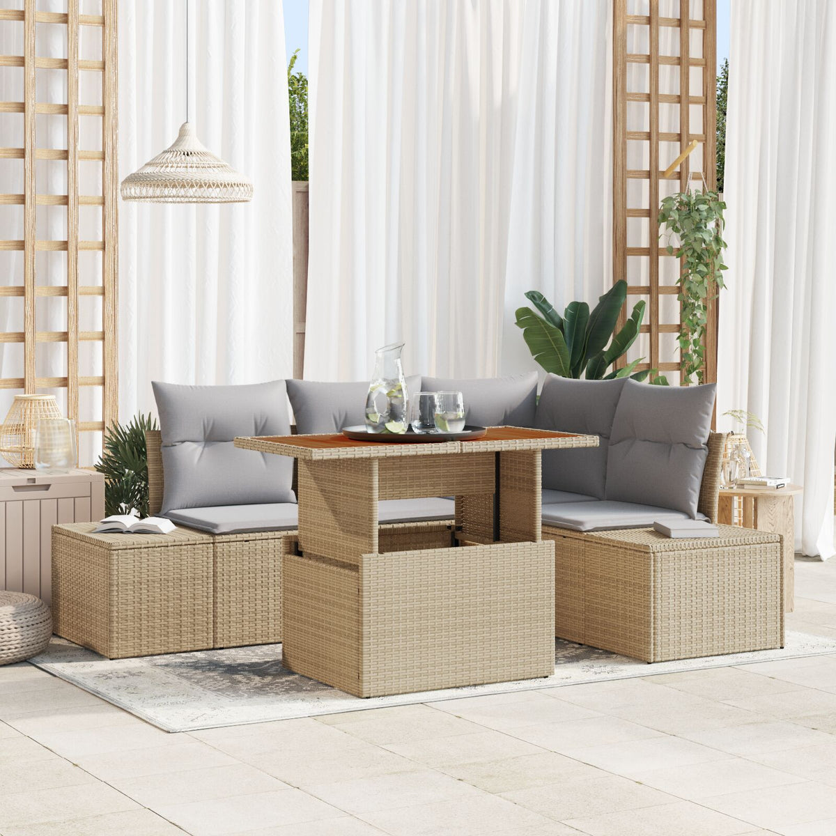 5-teilige Garten-Essgruppe mit Kissen – Beige Poly Rattan Akazie