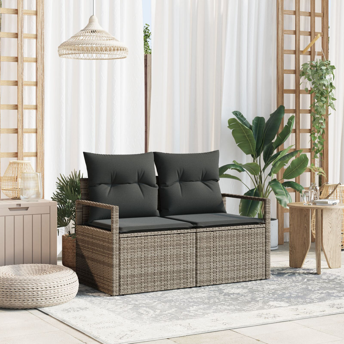 2-Sitzer Garten Sofa mit Kissen Grau Poly Rattan