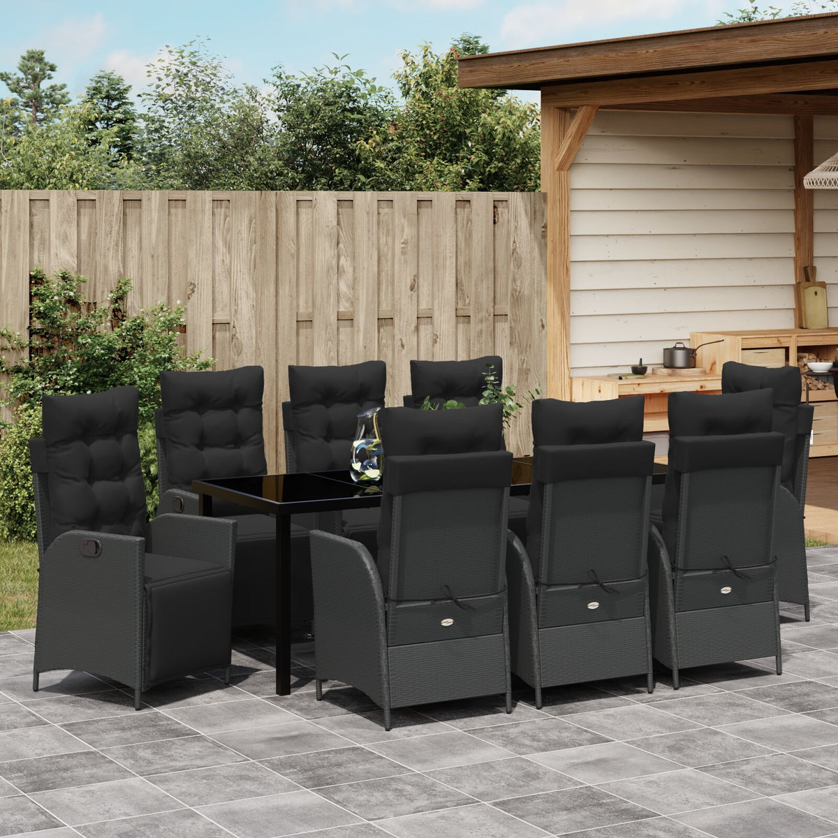 9-teiliges Garten-Essgruppe Schwarz Poly-Rattan