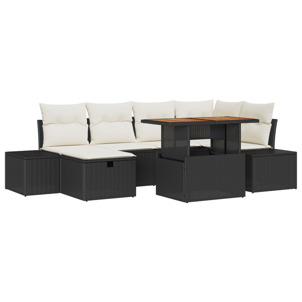 7-teiliges Garten Essgruppe mit Kissen Schwarz Poly Rattan Akazie