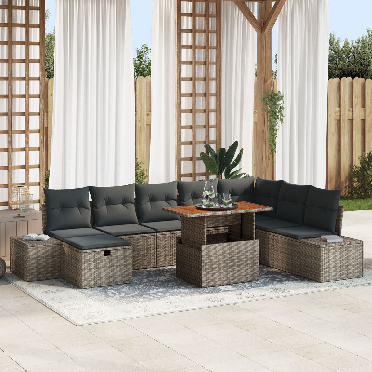 9-teilige Garten Essgruppe mit Kissen Grau Poly Rattan Akazie