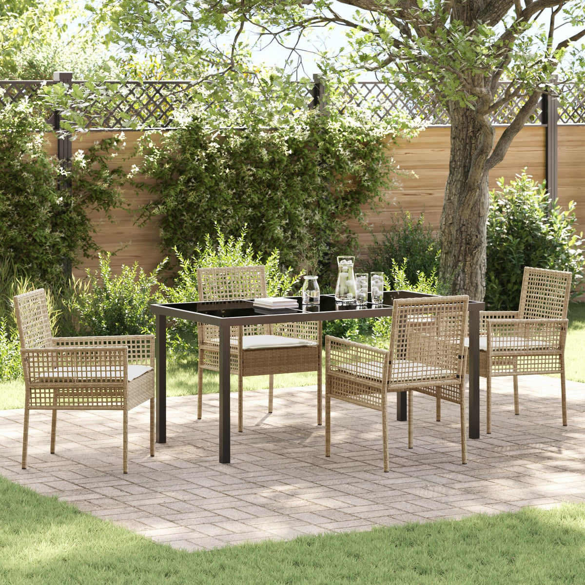 5-teilige Garten Essgruppe mit Kissen Beige Poly Rattan