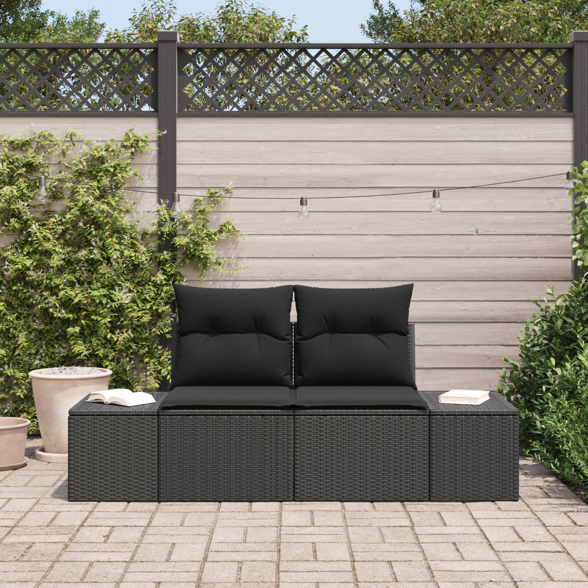 2-Sitzer Garten Sofa mit Stauraum & Kissen Schwarz Poly-Rattan