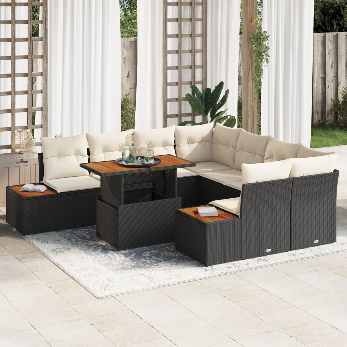9-teilige Garten Essgruppe mit Kissen Schwarz Poly Rattan Akazie