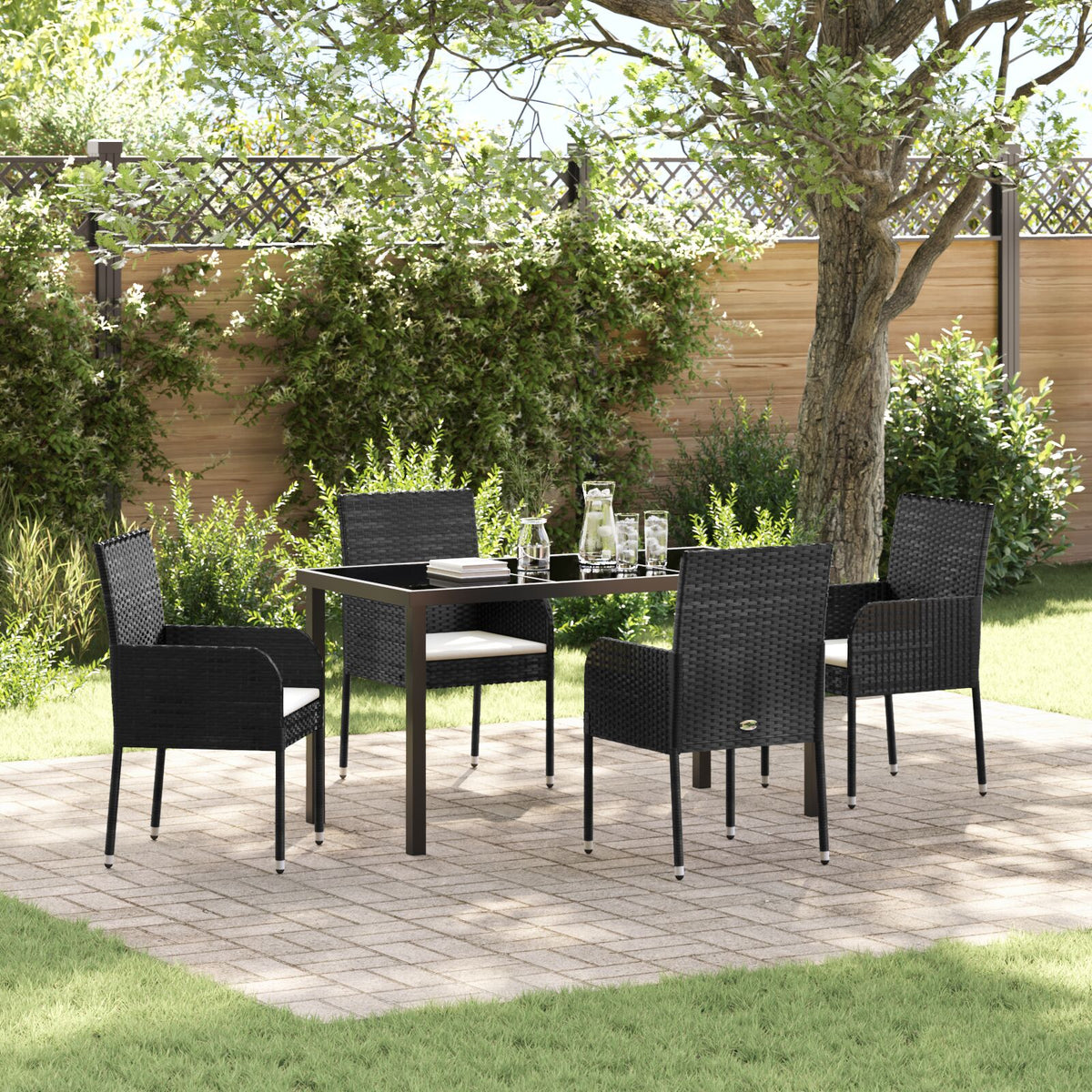 5-teilige Garten-Essgruppe mit Kissen schwarzes Poly-Rattan