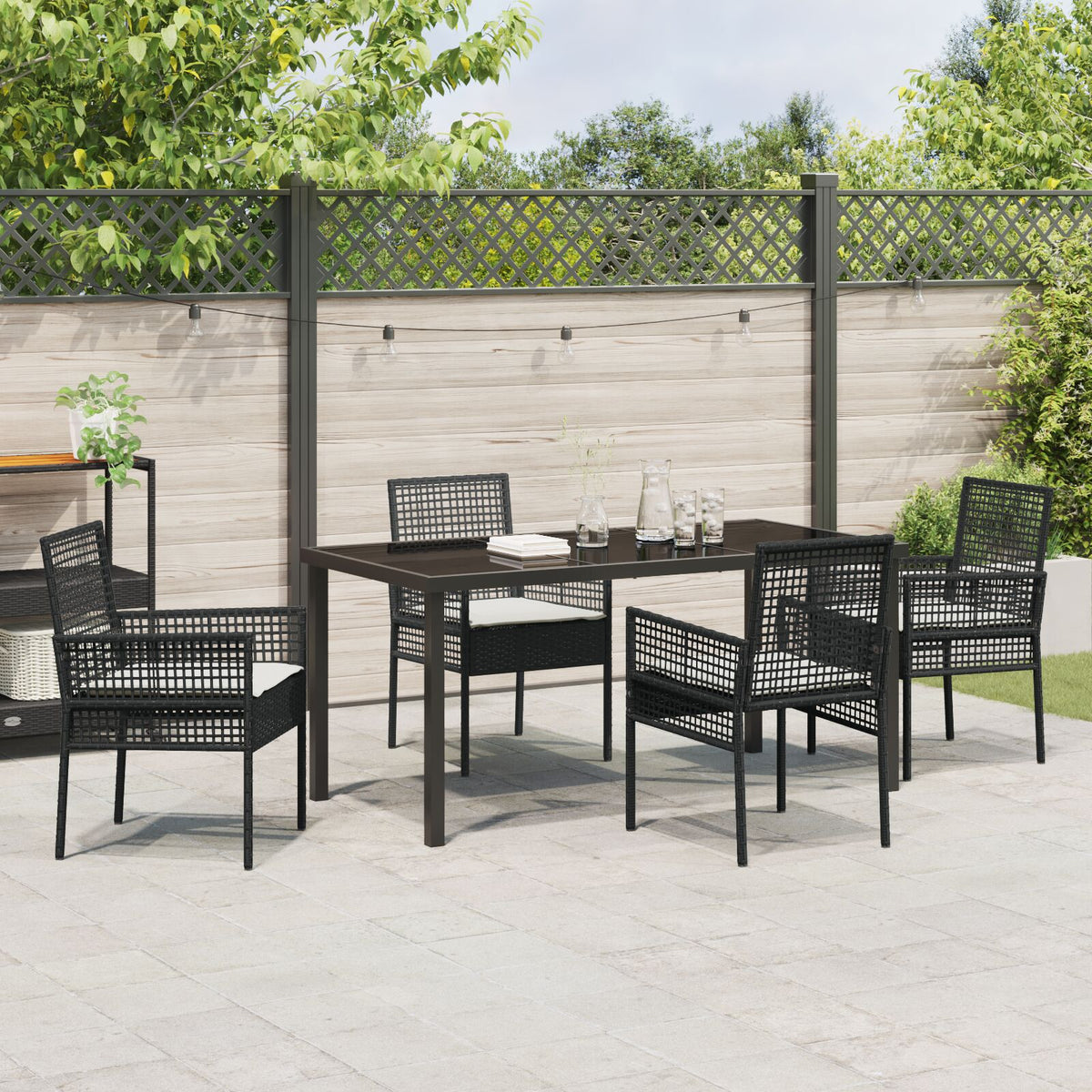 5-teilige Garten Essgruppe mit Kissen Schwarz Poly-Rattan