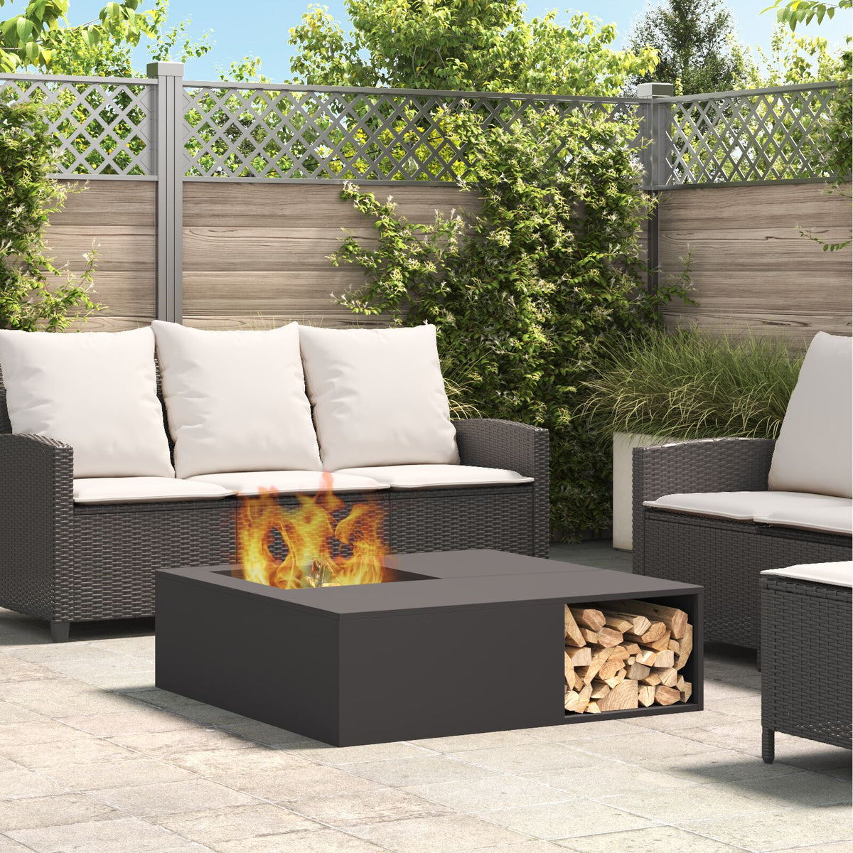 Feuerstelle mit Holzlager Schwarz 100x100x30 cm Stahl