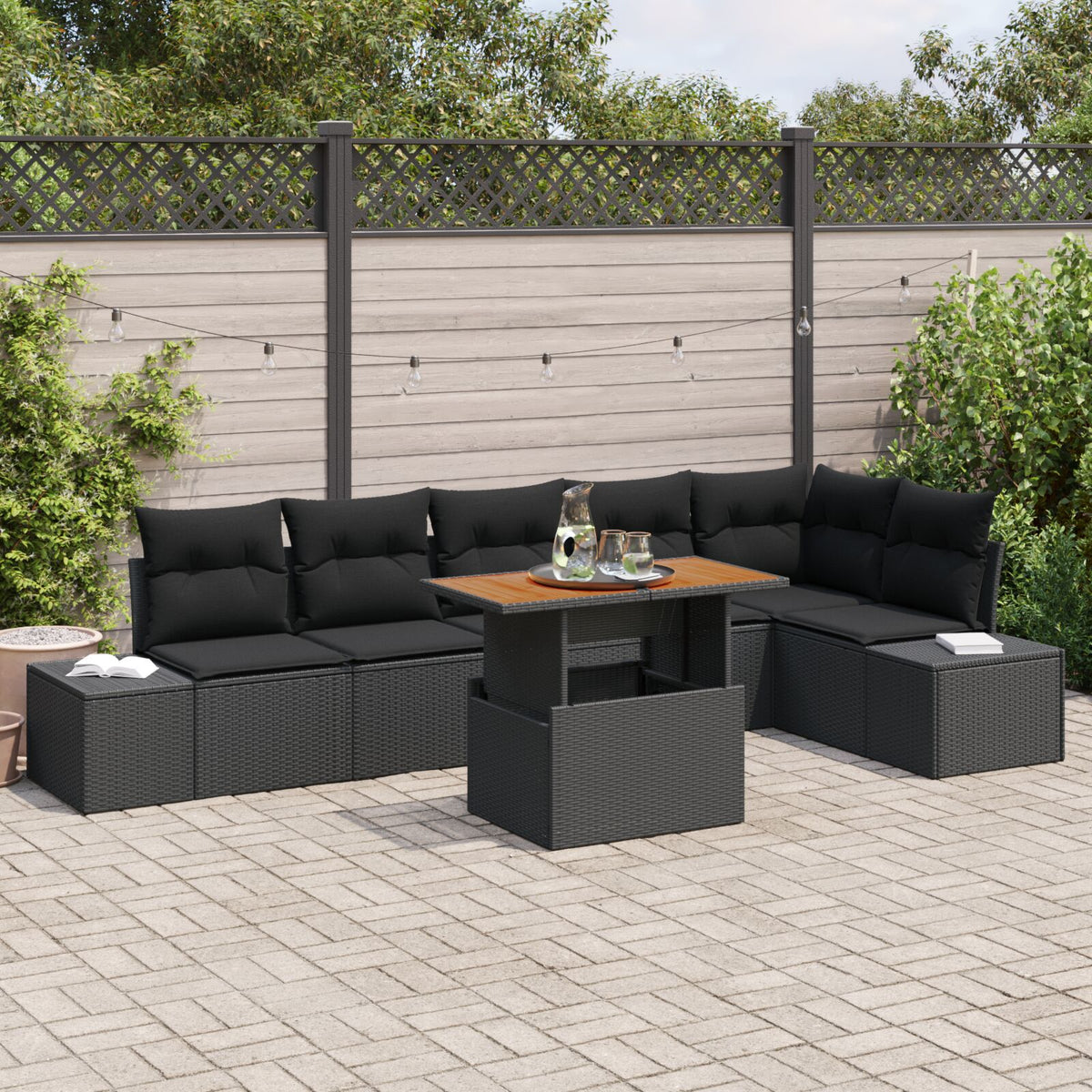 7-teiliges Garten Essgruppe mit Kissen Schwarz Poly Rattan Akazie