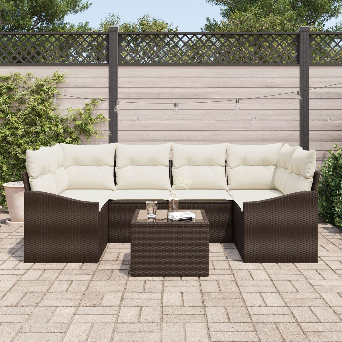7-teiliges Garten-Essgruppen-Set mit Kissen Braun Poly-Rattan