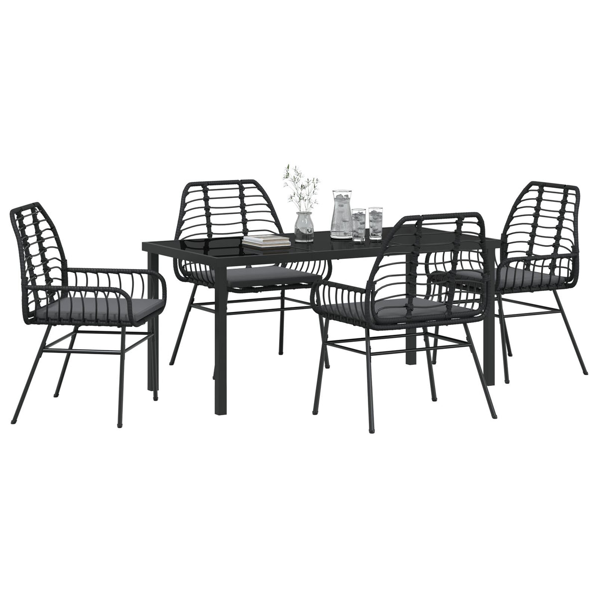 5-teilige Garten-Essgruppe mit Kissen Schwarz Poly-Rattan