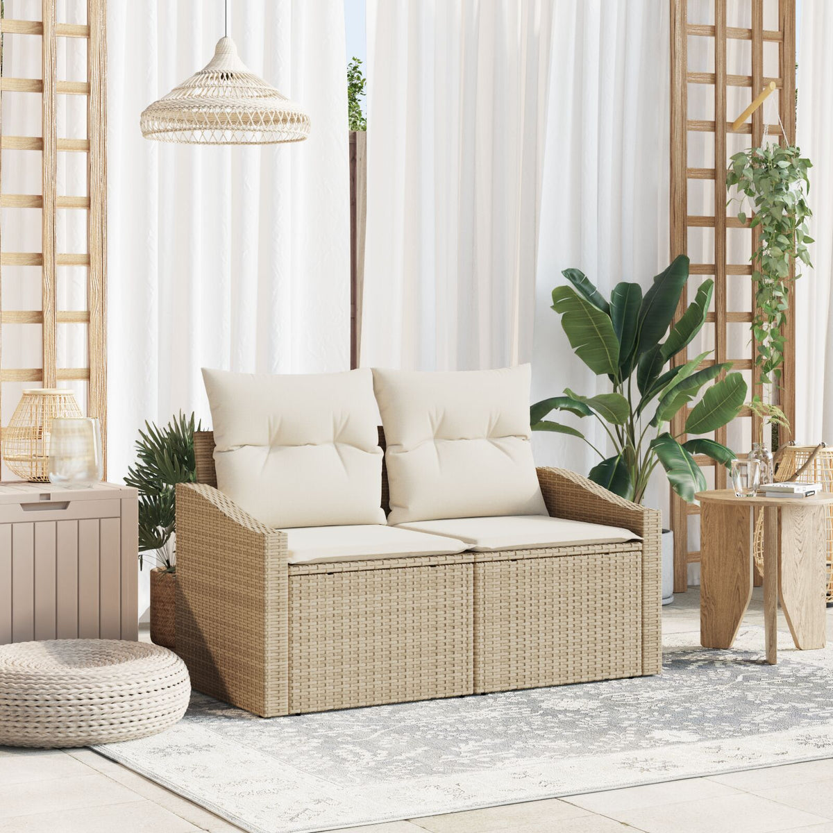 2-Sitzer Gartensofa mit Kissen Beige Poly Rattan