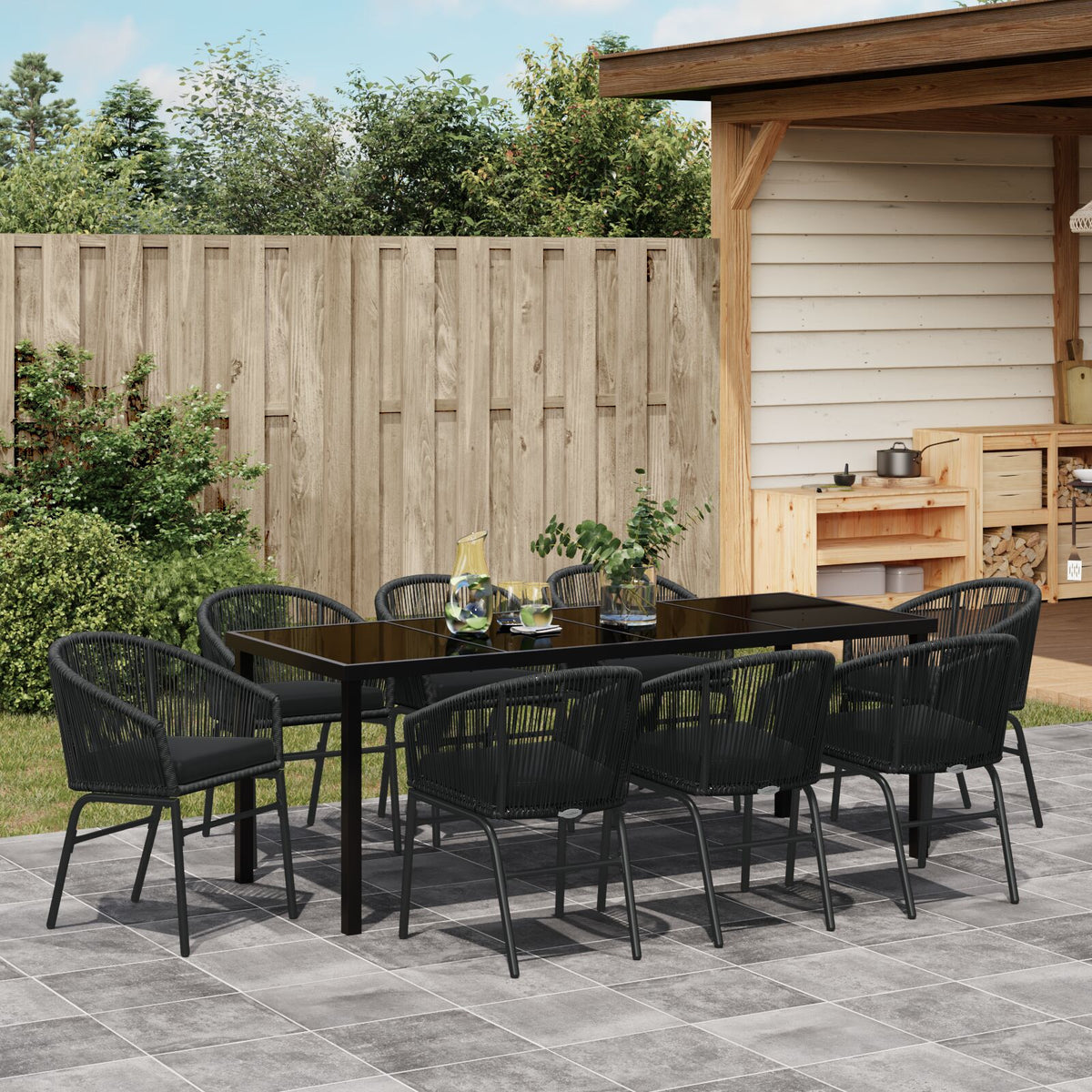 9-teiliges Garten-Essgruppe Schwarz Poly-Rattan