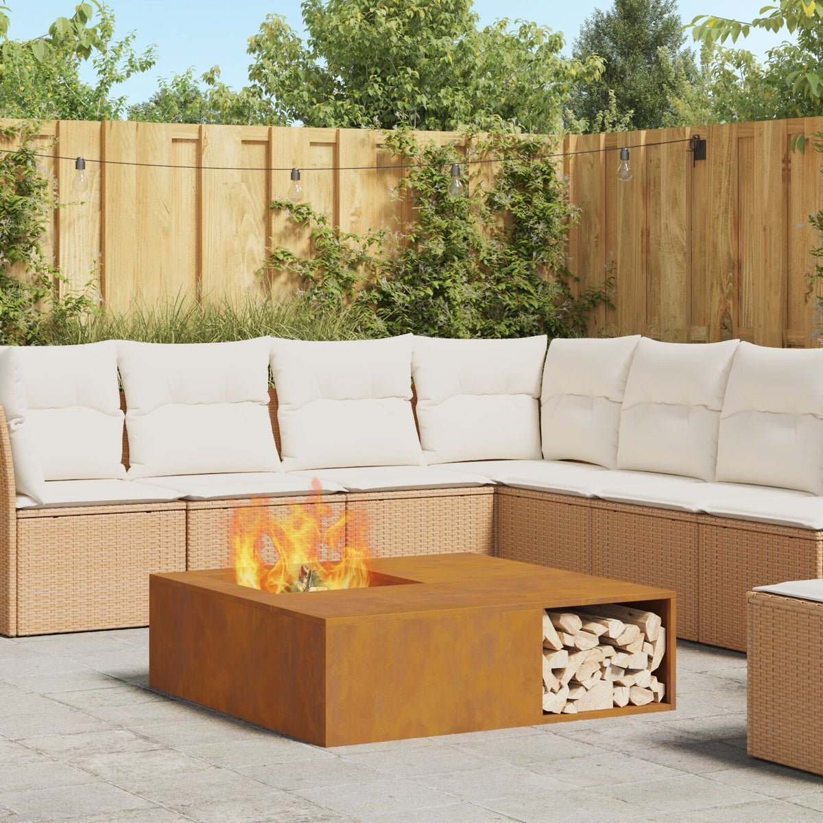 Feuerstelle mit Holzlager 100x100x30 cm Wetterstahl