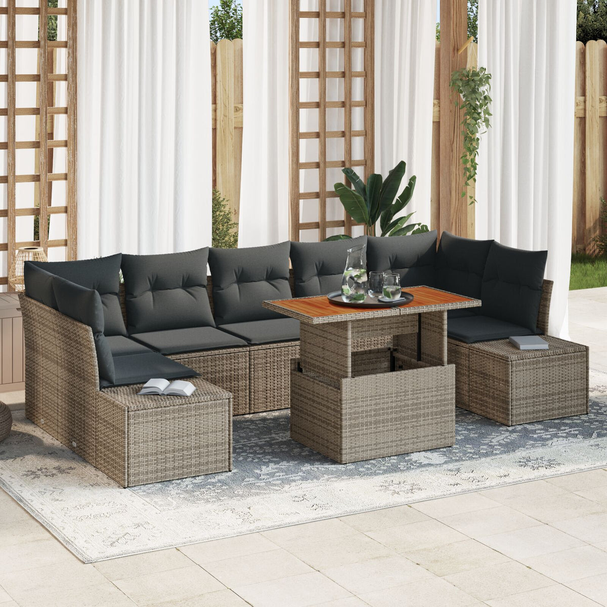 Garten Sofa Set 8-teilig Braun, Grau Rattan, Polyester, Stahl
