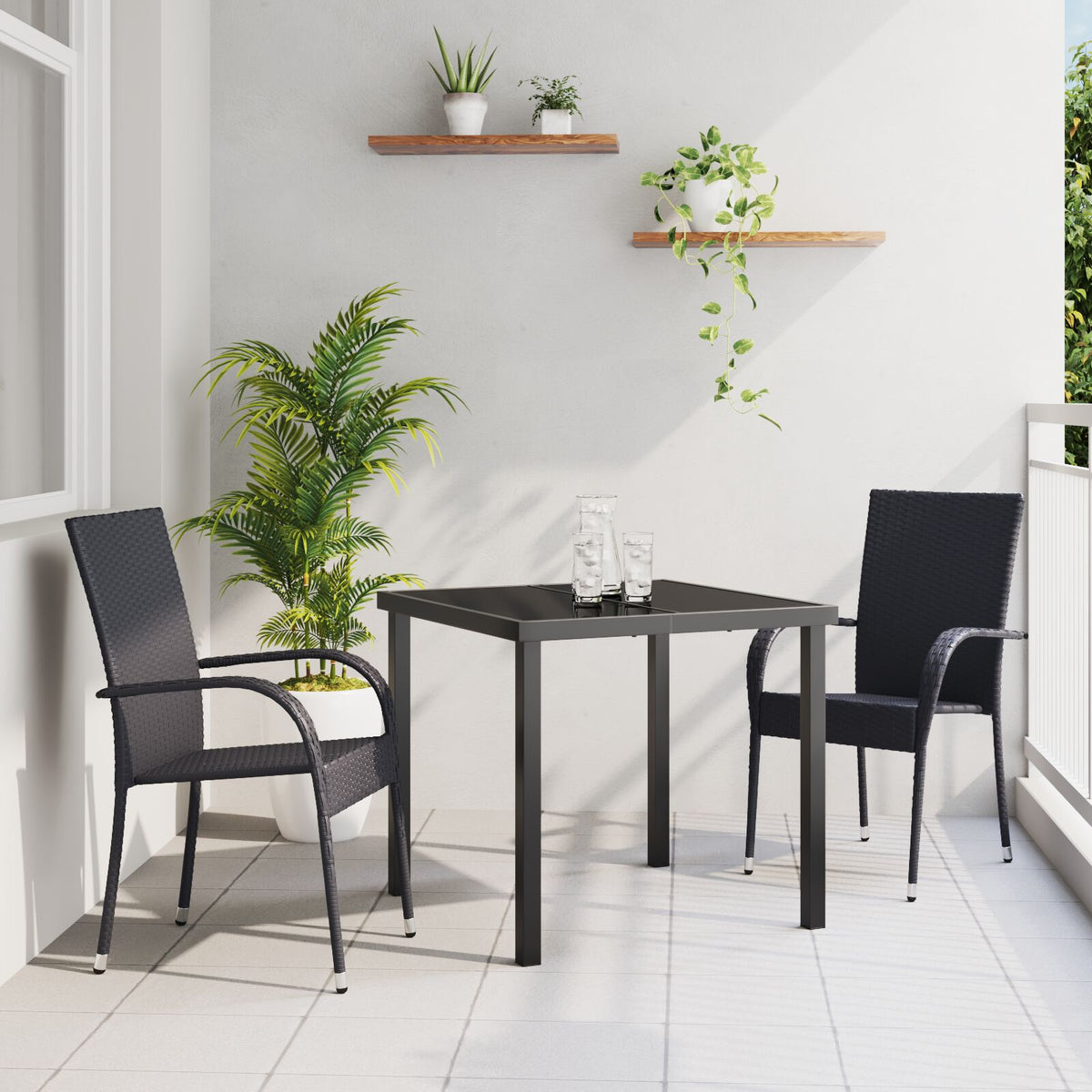 3-teilige Garten-Essgruppe Schwarz Poly Rattan