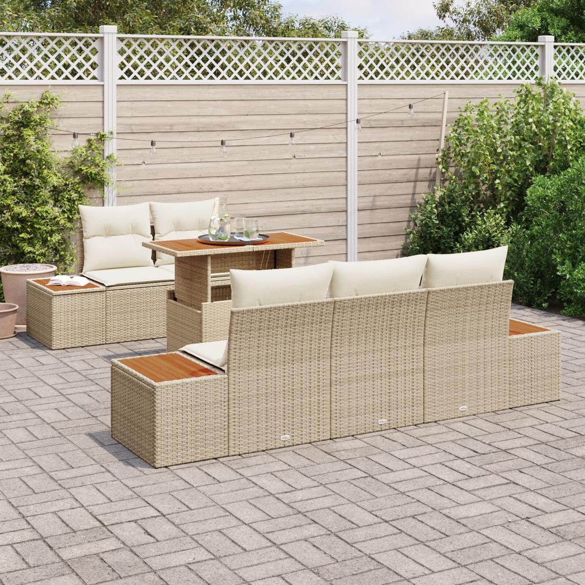 6-teilige Garten Essgruppe mit Kissen Beige Poly Rattan Akazie
