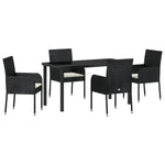 5-teilige Garten-Essgruppe mit Kissen schwarzes Poly-Rattan