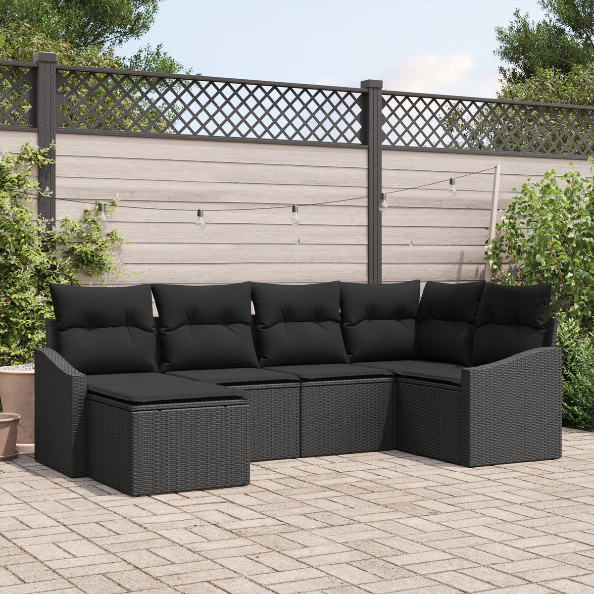 6-teilige Garten Essgruppe mit Polstern in Schwarz aus Poly Rattan