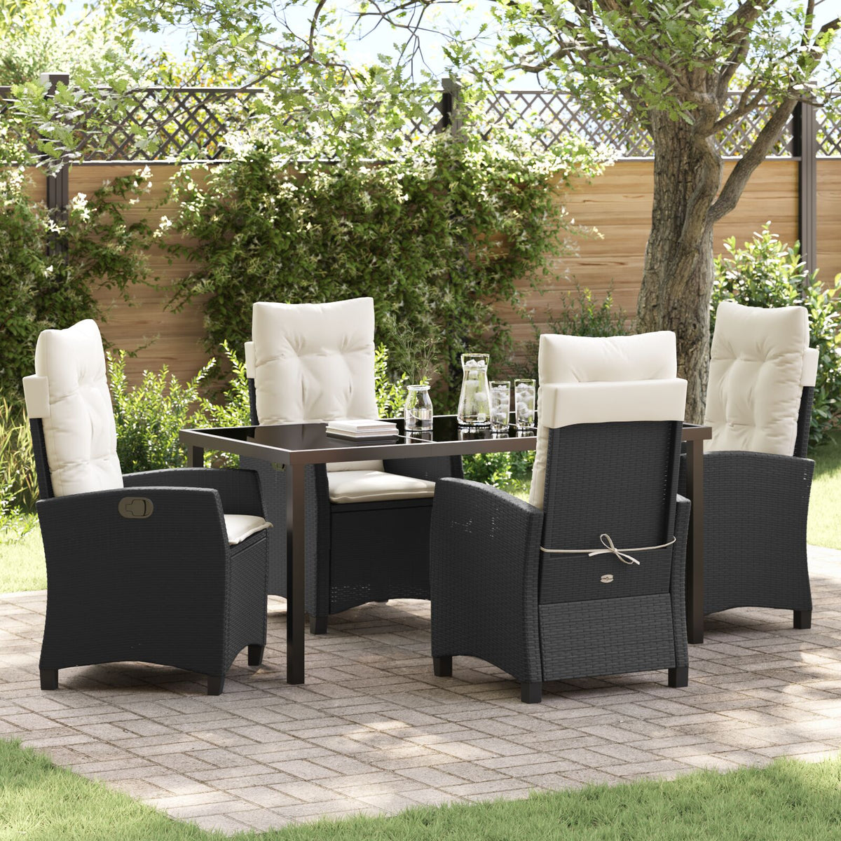 5-teiliges Garten-Essgruppen-Set mit Kissen in Schwarz Poly Rattan