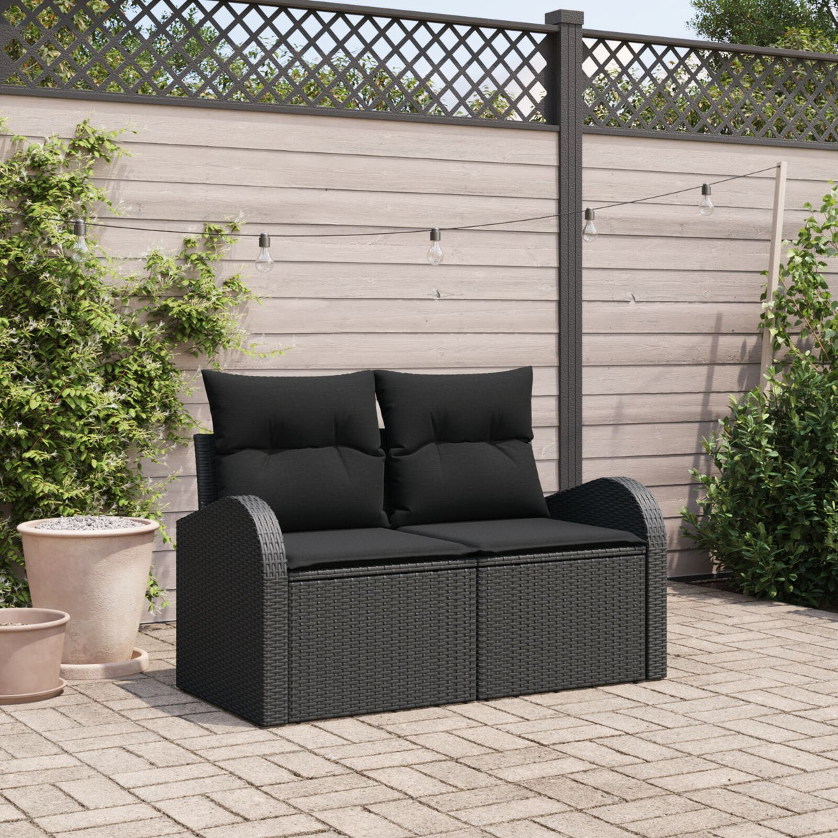 2-Sitzer Garten Sofa mit Stauraum & Kissen Schwarz Poly Rattan