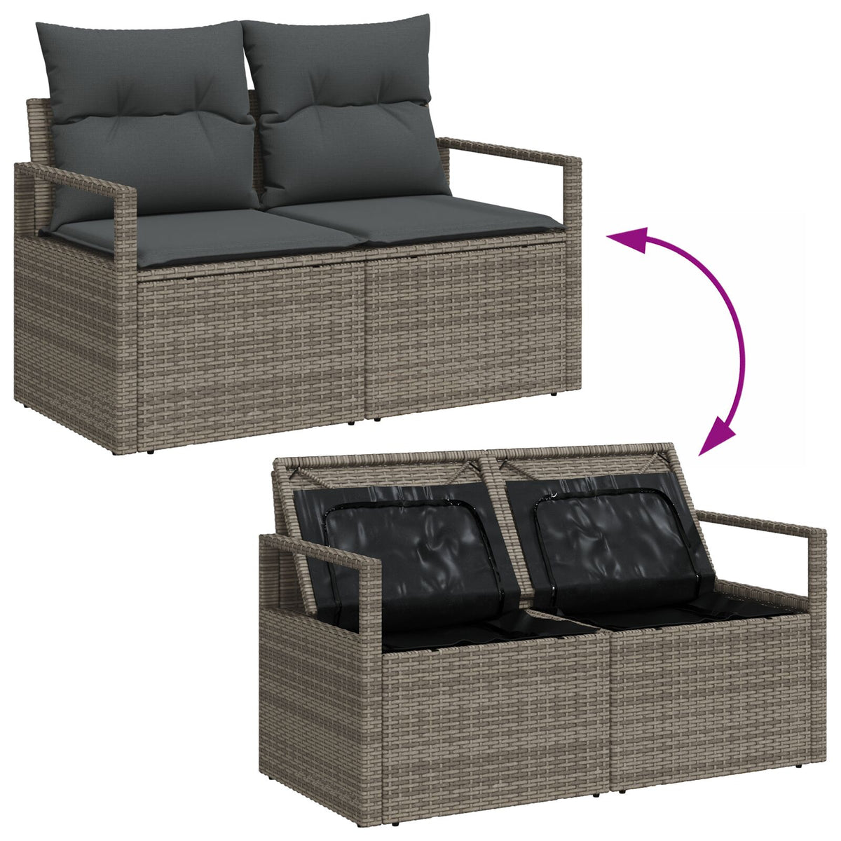 2-Sitzer Garten-Sofa mit Stauraum und Kissen Grau Poly Rattan