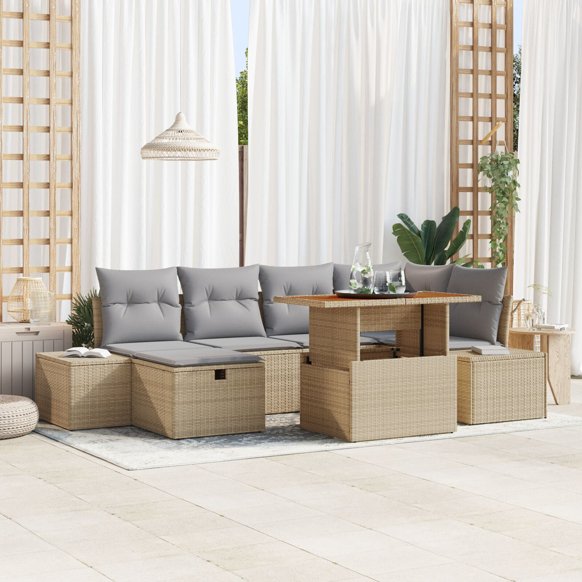 7-teiliges Garten Essgruppe mit Kissen Beige Poly Rattan Akazie