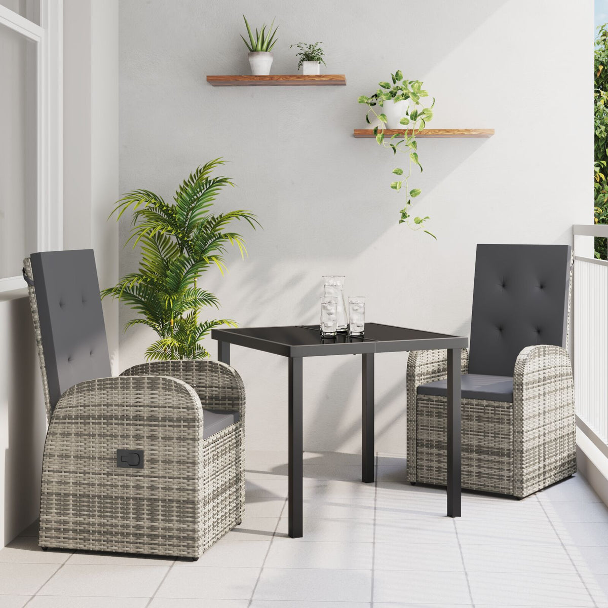 3-teilige Garten-Essgruppe mit Kissen Grau Poly Rattan