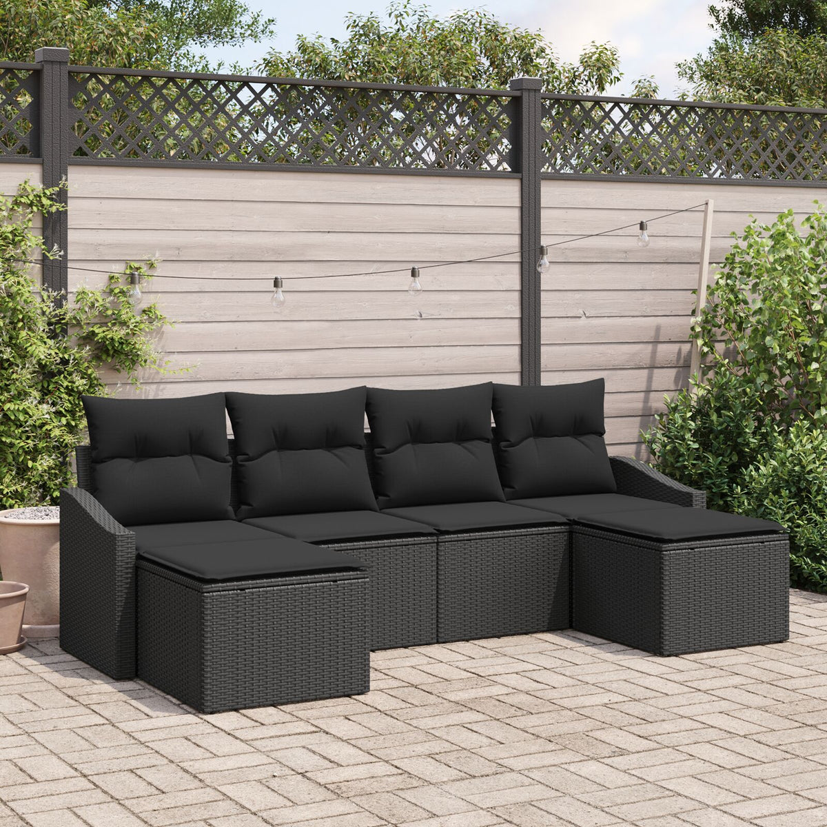 6-teilige Garten-Essgruppe mit Kissen, schwarzes Poly-Rattan