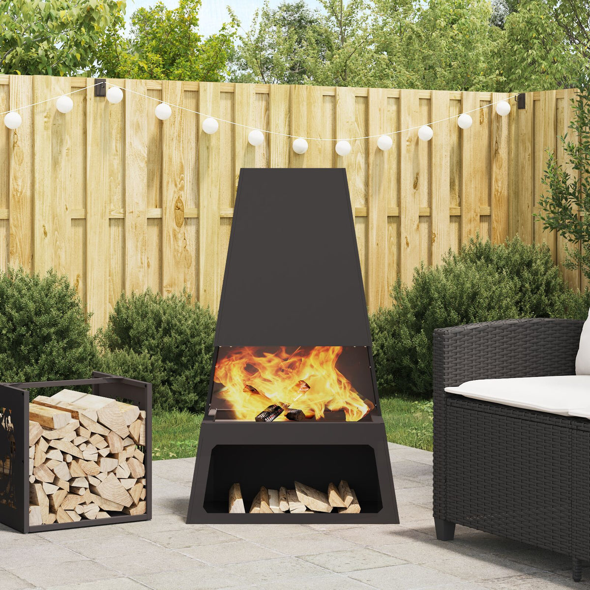 Feuerstelle mit Holzlager Schwarz 60x35x100 cm Stahl