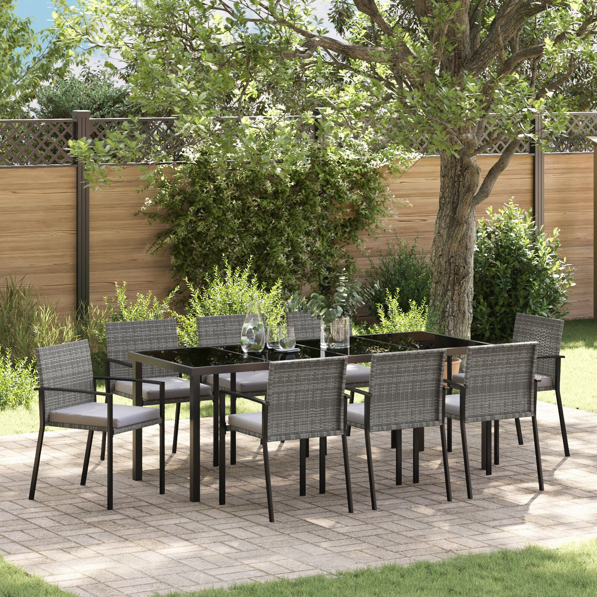 9-teiliges Garten-Essgruppen-Set Grau Poly-Rattan