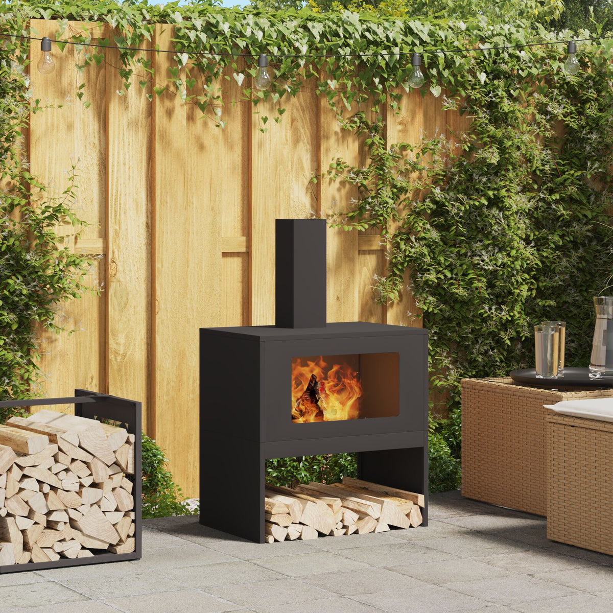 Feuerstelle mit Schornstein Schwarz 60x40x96 cm Stahl