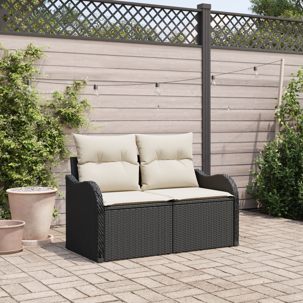 2-Sitzer Gartensofa mit Stauraum und Kissen Schwarz Poly Rattan