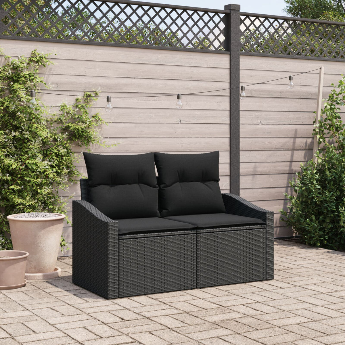 2-Sitzer Gartensofa mit Stauraum & Kissen Schwarz Poly Rattan