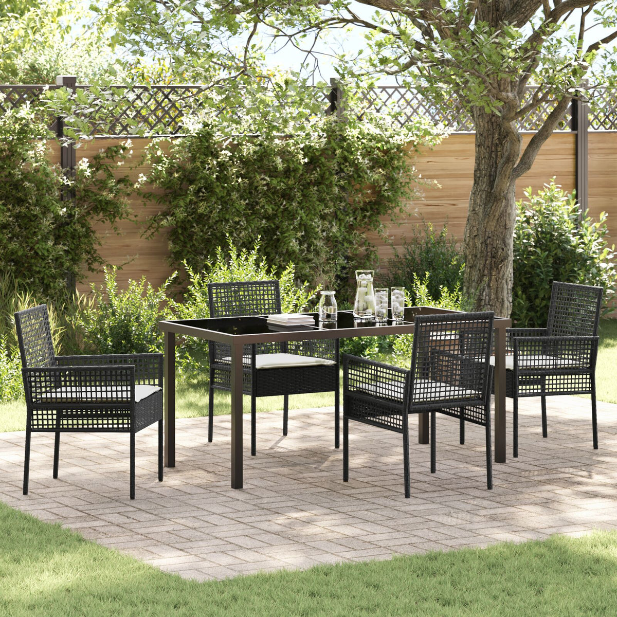 5-teilige Garten Essgruppe mit Kissen Schwarz Poly-Rattan