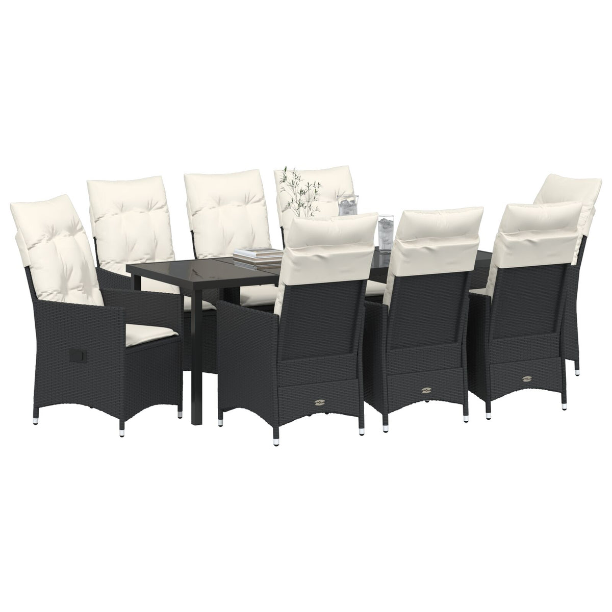 9-teiliges Garten-Essgruppe mit Kissen, schwarzes Poly-Rattan