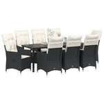 9-teiliges Garten-Essgruppe mit Kissen, schwarzes Poly-Rattan