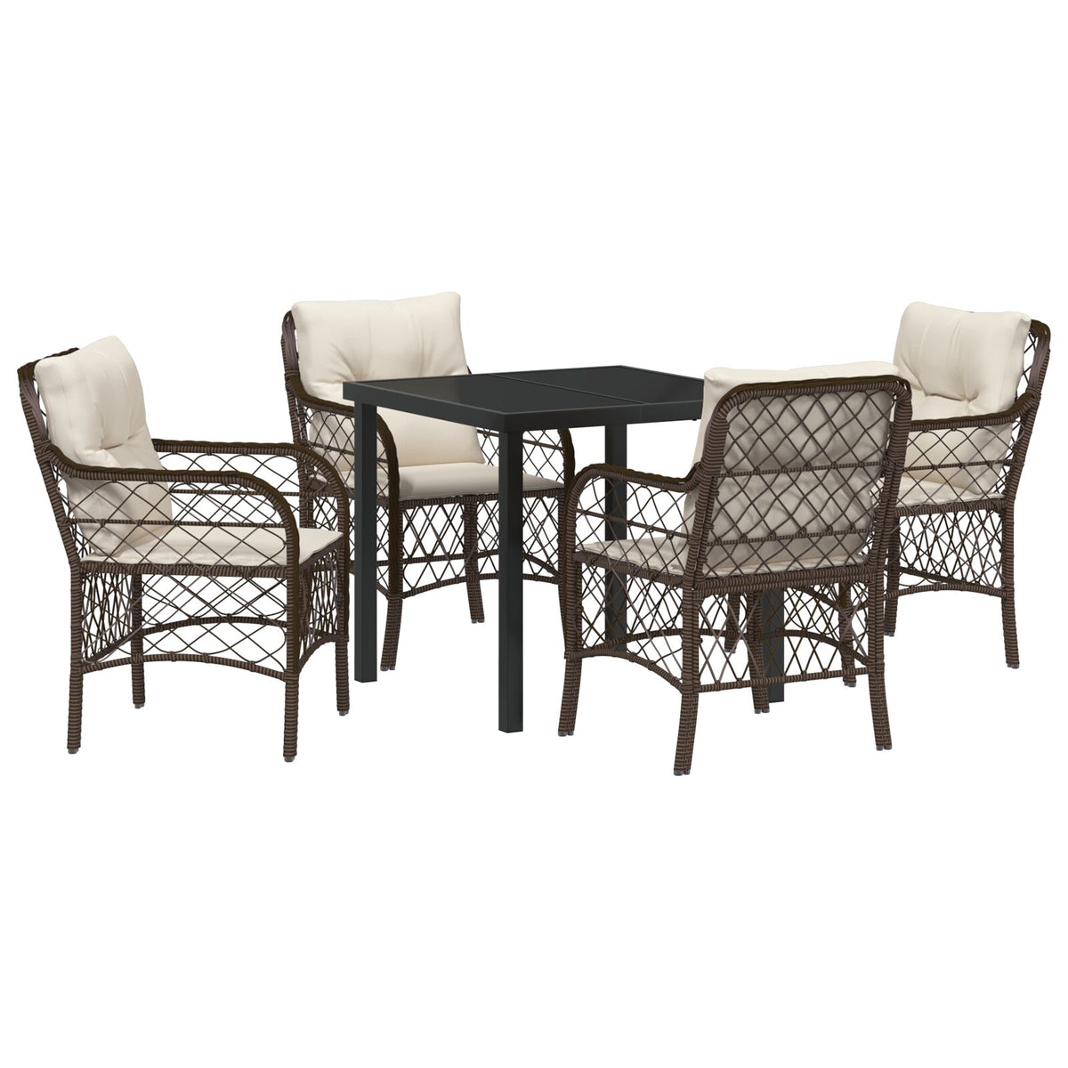 5-teiliges Garten-Essgruppen-Set mit Kissen, braunes Poly-Rattan