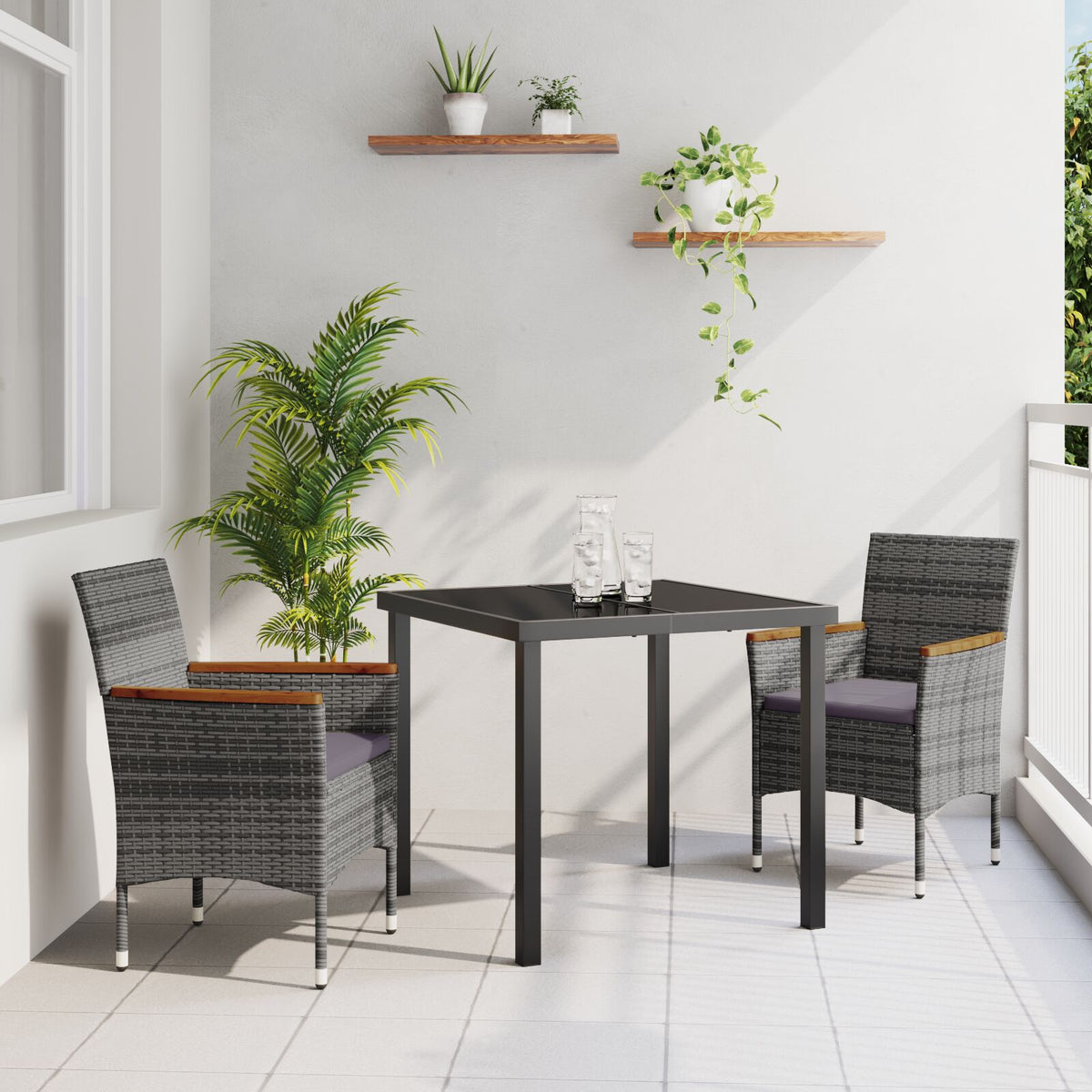 3-teiliges Garten-Essgruppen-Set Graues Poly-Rattan