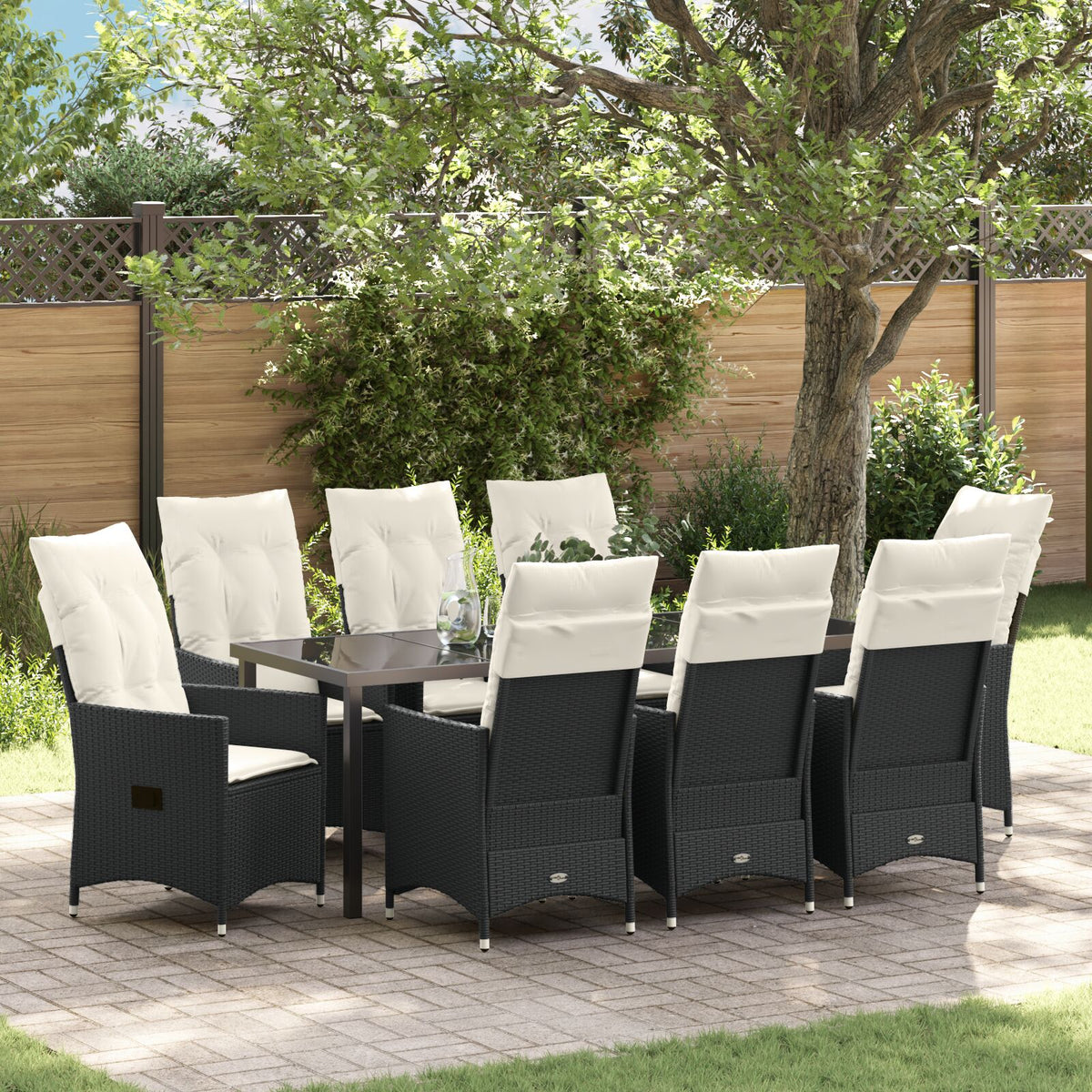 9-teiliges Garten-Essgruppe mit Kissen, schwarzes Poly-Rattan