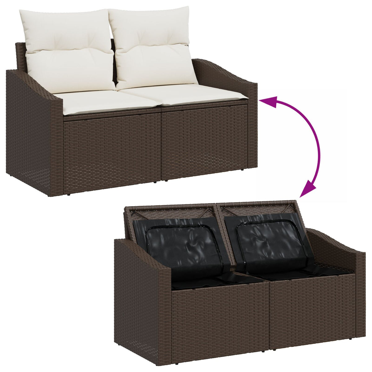 2-Sitzer Gartenbank mit Stauraum & Kissen Braun Poly Rattan