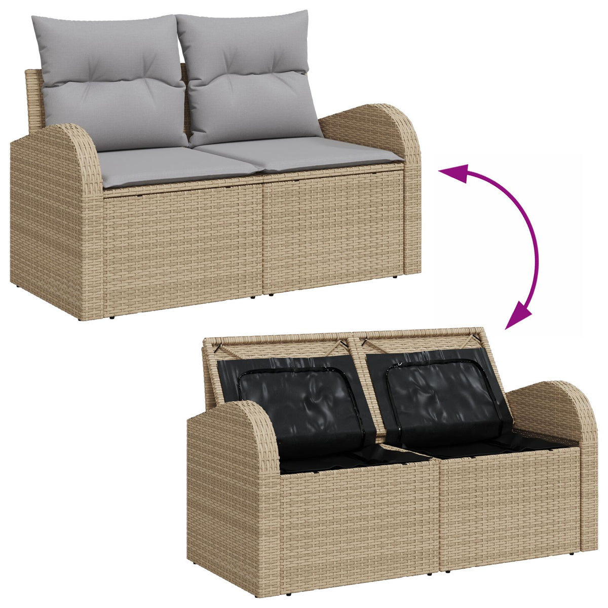 Zweisitzer Garten Sofa mit Stauraum & Kissen aus beigem Poly Rattan