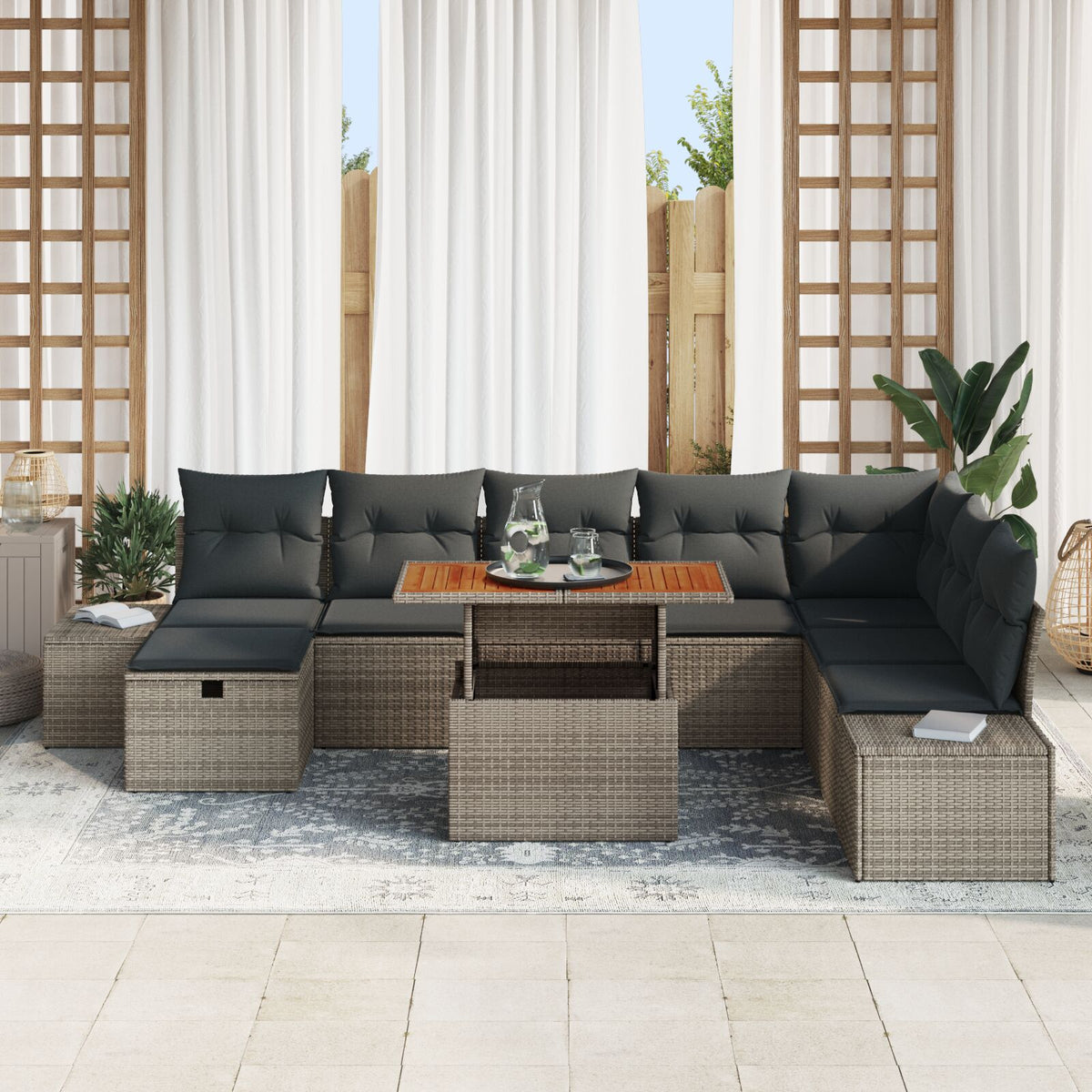 9-teilige Garten Essgruppe mit Kissen Grau Poly Rattan Akazie