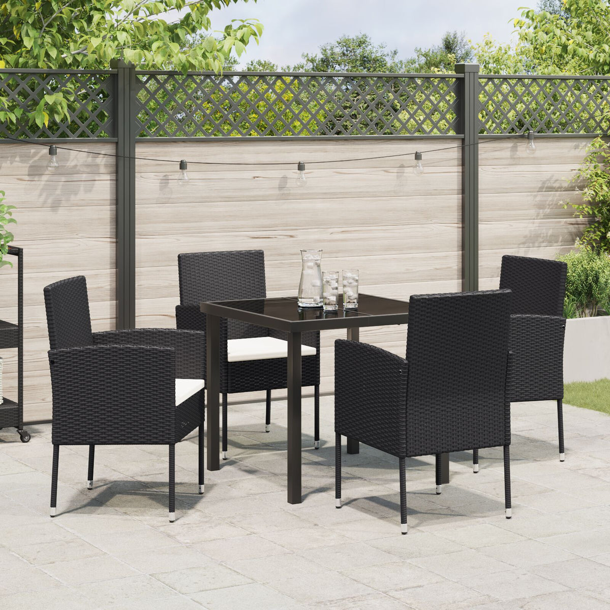 5-teiliges Garten Essgruppen Set mit Kissen schwarzes Poly-Rattan