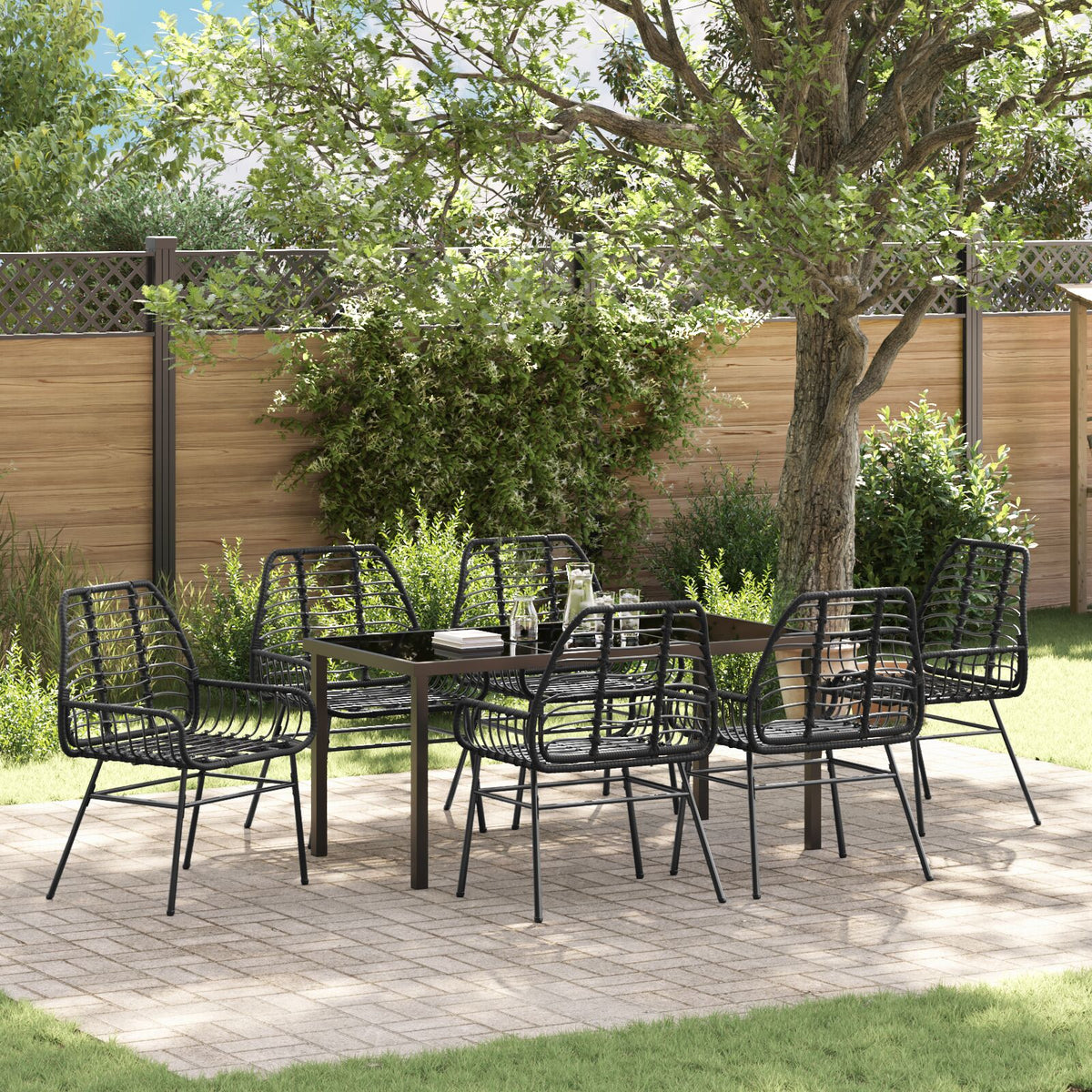 7-teilige Garten-Essgruppe Schwarz Poly-Rattan